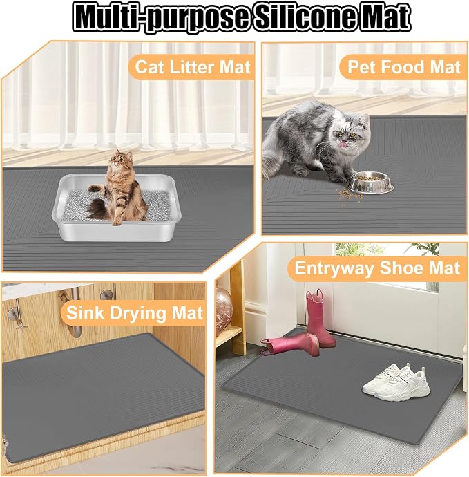 Silicone Cat Litter Mat 50" x 36" Cat Mat for Litter Box, Dark Grey | Extra Large Cat Litter Trapping Mat for Floor, Waterproof, Non-Slip Kitty Litter Box Mat with Raised Edge, Easy to Clean - Image 8