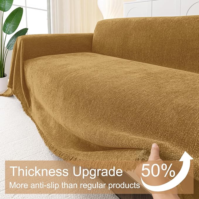 Smiry Couch Cover for Dogs, Chenille Sofa Covers for 3 Cushion Couch | Washable Soft Sofa Slipcover for Pets, Thick Sectional Furniture Protector with Tassels (Yellow, 71x150 Inch) - Image 4