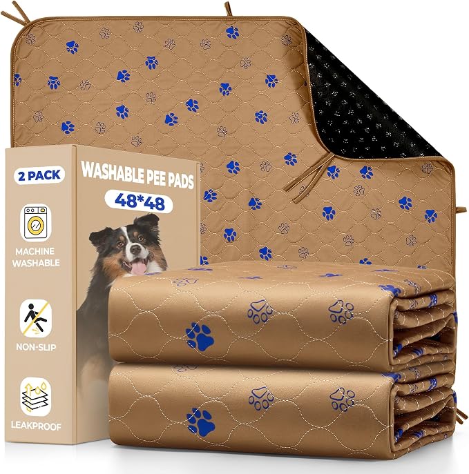 Fostanfly Washable Pee Pads for Dogs, 2 Pack 48"x48" Add 8 Lanyards, Brown | Reusable Potty Training Pads for Dogs, Waterproof, for Playpen, Crates & Furniture by HOME