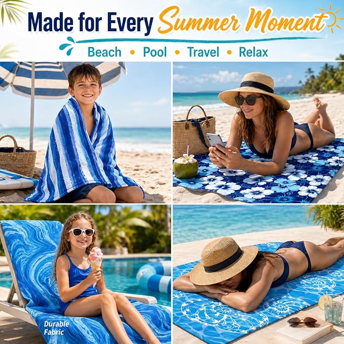 12 Pack Microfiber Beach Towel Set, 32x71 Oversized Extra Large Swim Pool Towel, Soft Fiber Beach Towels Set for Summer Travel, Spa, Swim Pool Accessories, Vacation Essential Gift (Blue and Floral Pac - Image 6
