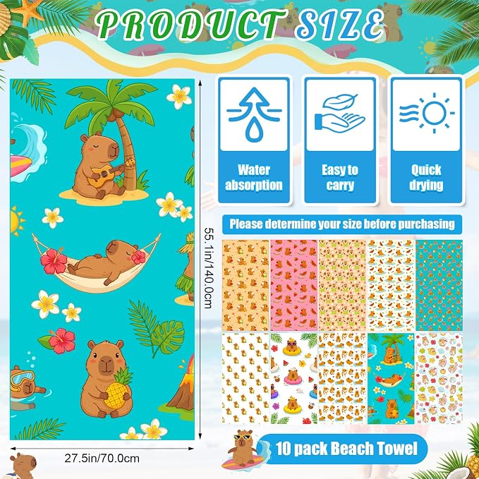 FuWeave 10 Pack Microfiber Beach Towel 28 x 55 Inch Oversized Large Thin Beach Towels for Pool Camping, Sand Free Lightweight Blanket for Women Adults Travel Swimming Sport (Capybara) - Image 2