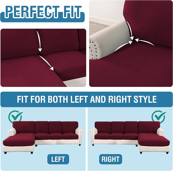 H.VERSAILTEX Sectional Couch Covers 8 Pieces Stretch Sofa Covers for Sectional Sofa Set Separate L Shaped Couch Cover for Both Left/Right Couch (Seat and Back: 1 Chaise + 3 Sofa, Burgundy) - Image 5