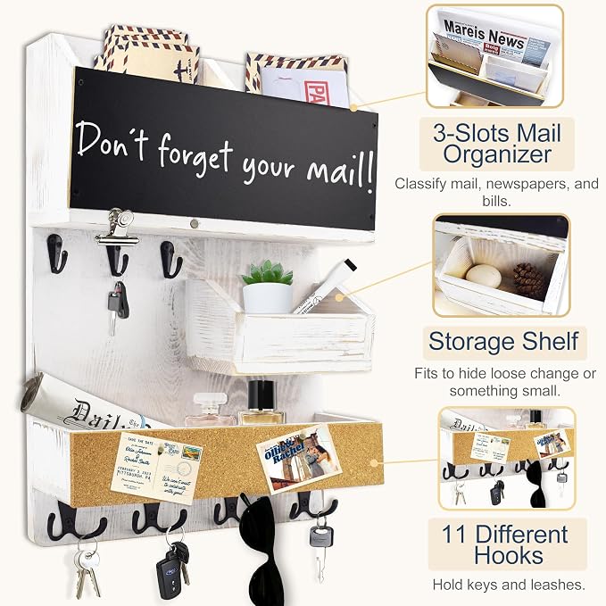 Mail Organizer Wall Mount，Key Holder Mail and Key Organizer for Wall with Shelf, Chalkboard, Corkboard, Home Decor for Room Office Entryway(Ivory White) - Image 5