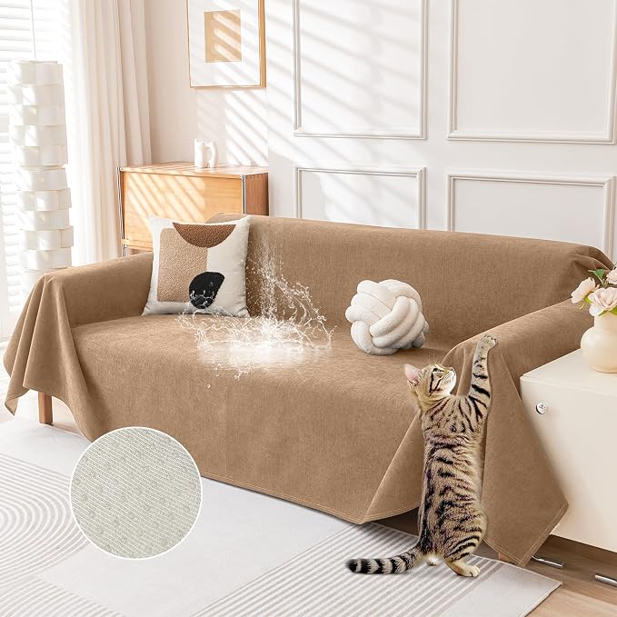 Deep Dream Cat-Scratch Resistant Couch Cover, Waterproof Sofa Cover for 3 Cushion Couch Washable, Pet Friendly Couch Protectors Anti Slip Thickened Love Seat Slipcovers for Dogs Pets,71" x 118",Brown by DeepDream