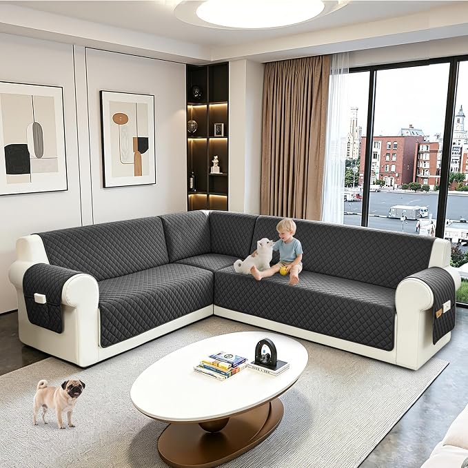 Sectional Couch Covers for Dogs 100% Waterproof Corner L Shaped Sofa Cover Pet Friendly Velvet Washable Anti Slip L Shape Modular Sofa Slipcover Protector with Pockets (Gray, XL Plus) - Image 6
