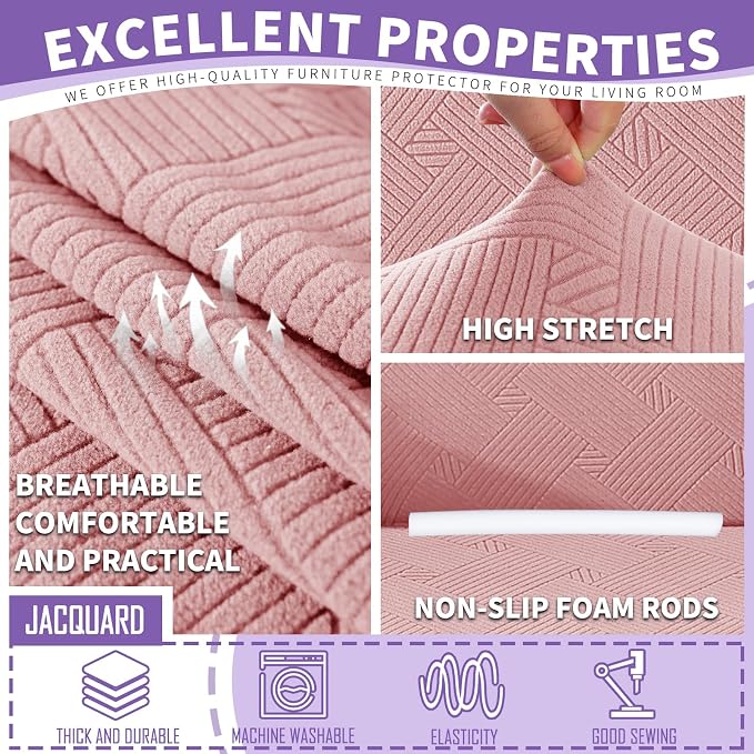 ZNSAYOTX 3 Piece Stretch Sofa Covers (71"-91") for 2 XL Cushion Couch, Thick Striped Sofa Cover with Elastic Band Bottom Ties Non-Slip Stay in Place, Soft Durable Couch Slipcovers, Rose - Image 3
