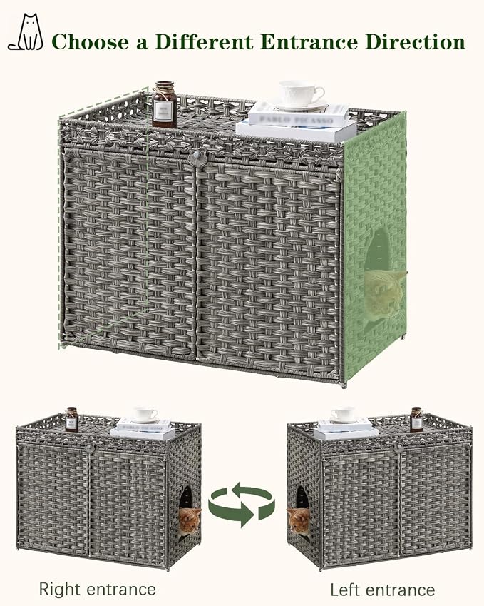 SETVSON Cat Litter Box Enclosure Furniture, Handwoven Rattan Hidden Litter Box with Mat, Large Space Cat House with 2 S-Shaped Hooks 30.3 x 18.3 x 24.4 Inches, Indoor for Living Room Apartment Gray - Image 6