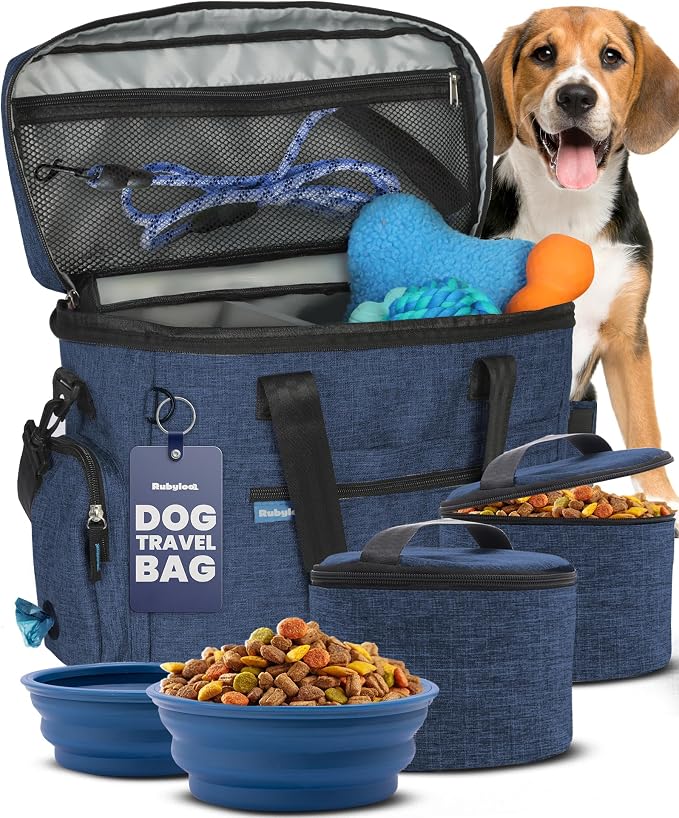 Rubyloo Original Doggy Bag™ Dog Travel Bag for Supplies with Travel Bowls | 2 BPA-Free Collapsible Bowls, 2 Pet Food Containers, TSA-Ready, Road Trips, Camping, Weekend Getaways, Doggy Gift, Navy by Rubyloo