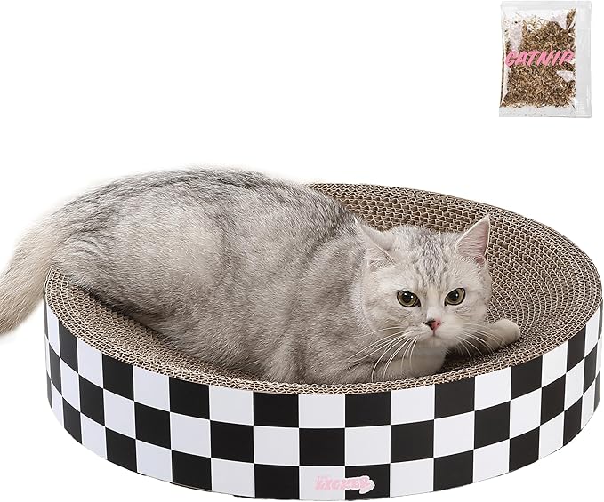 CSR1010F Nelson 20.13" Modern Cardboard Round Bowl Cat Scratcher with Catnip, Checkered by THELICKERSTORE