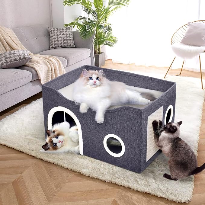 Heeyoo Cat House for Indoor Cats - Large Cat Bed Cave with Fluffy Ball and Scratch Pad, Foldable Cats Houses & Condos, Cat Hideaway, Covered Kitty Bed for Multi Small Large Kitty, 23.8x15.9x13.2 Inch - Image 2
