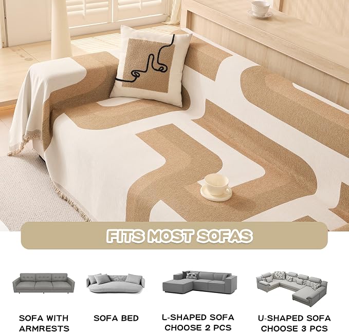 MEETSKY Boho Couch Cover Sofa Covers for 2 Cushion Couch Washable Sectional Couch Covers for Dogs Pet Furniture Protector Couch Cover Blanket for Living Room, 91" x 118", Khaki Geometry - Image 3
