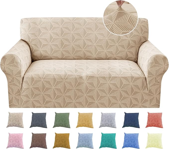 YEMYHOM 1 Piece Stretch Couch Covers for 2 Cushion Couch, Jacquard Loveseat Cover with Non-Slip Elastic Bottom, Thickened Slipcover Furniture Protector for Dogs Pets (Medium, Khaki） by YEMYHOM