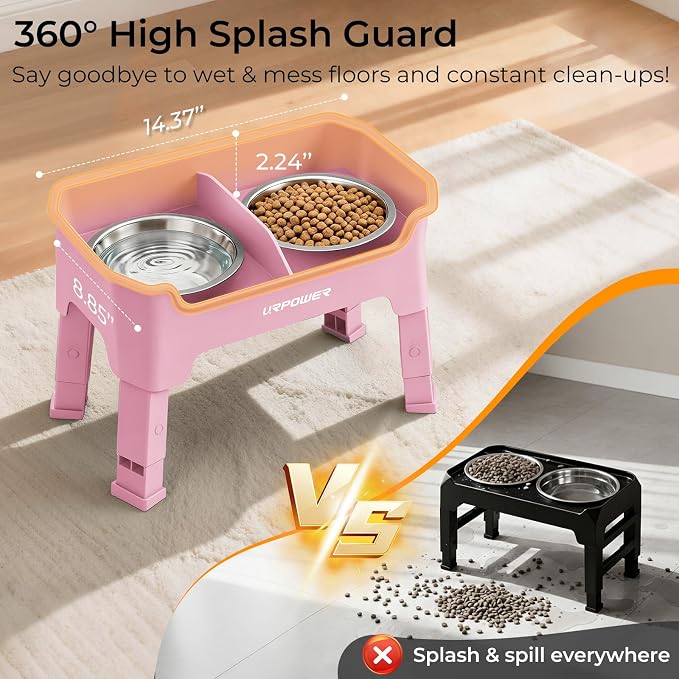 URPOWER Mess Proof Elevated Dog Bowls for Small Dogs with Splash Guard | 4 Height Adjustable Raised Stand with 2 Stainless Steel Food Bowls & Licking Plate for Small, Medium & Large Dogs - Image 4