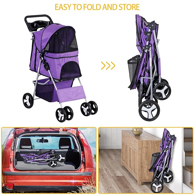 Pet Stroller 4 Wheels Dog Cat Stroller for Small Medium Dog Cats Carrier Jogger Travel Foldable Puppy with Storage Basket and Cup Holder (Purple)