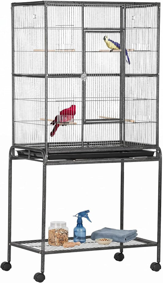PawHut 30" Rolling Metal Bird Cage Feeder with Detachable Rolling Stand, Storage Shelf, Wood Perch & Food Container | Storage Shelf, Wood Perch, Food Container by PawHut