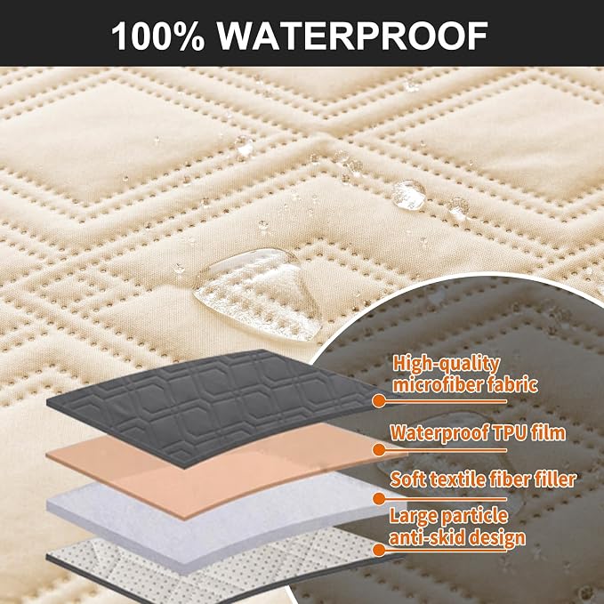 Genina Waterproof Loveseat Recliner Cover Non-Slip, Sofa Cover for Reclining Couch 2 Seat, Washable Couch Cover Loveseat Furniture Protector Cover for Pets Dogs Kids(Beige, Recliner Loveseat) - Image 6