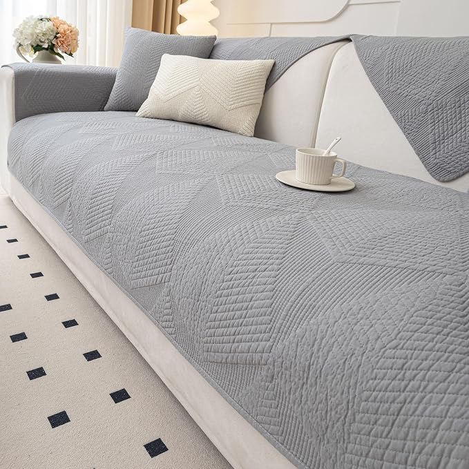 vctops Cotton Quilted Couch Covers for Sectional Sofa (Grey,43"x82") | Geometric Washable Non Slip Sofa Slipcover for Dogs, Children, Pets Furniture Protector Cover - Image 7