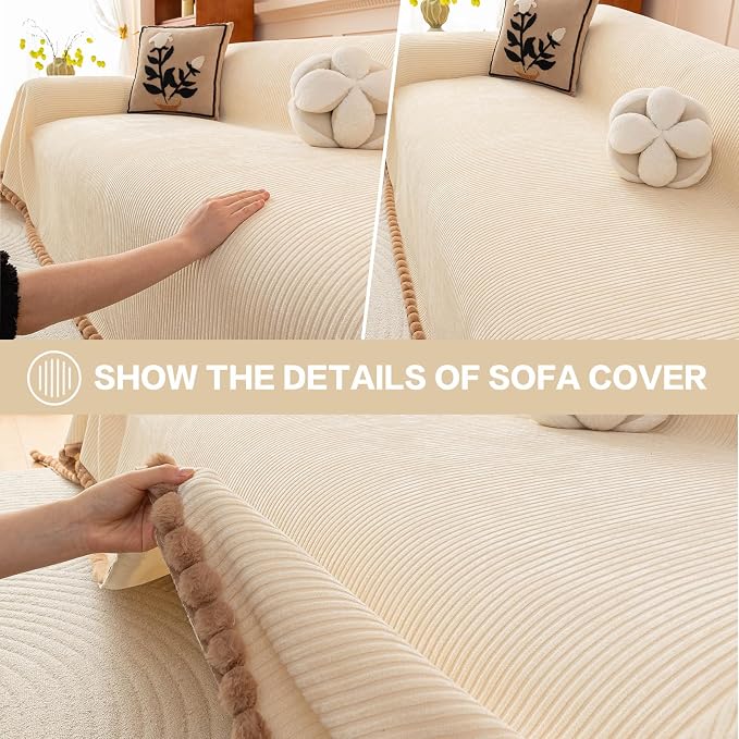 DREAMINGO Striped Chenille Couch Cover Blanket Washable Furniture Protector for Pets/Kids Farmhouse Modern Style Decorative Sofa Throw Cover for Living Room, Pom Pom Trim, Cream Beige, 71"x150" - Image 4