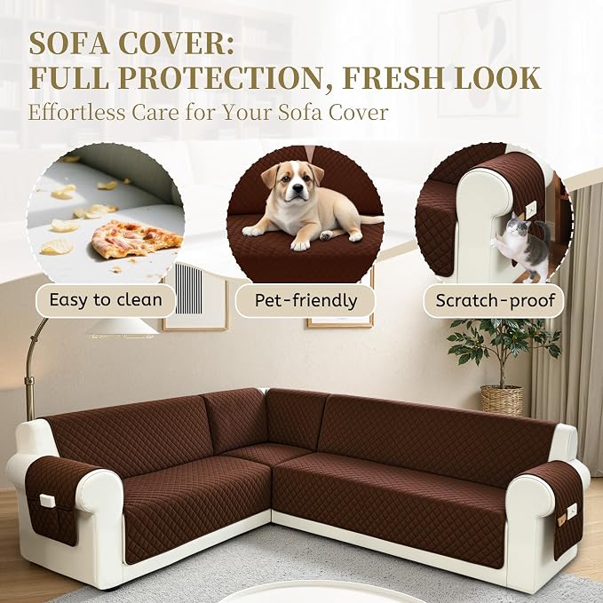 Sectional Couch Covers for Dogs 100% Waterproof Corner L Shaped Sofa Cover Pet Friendly Velvet Washable Anti Slip L Shape Modular Sofa Slipcover Protector with Pockets (Dark Coffee, XL Plus) - Image 4