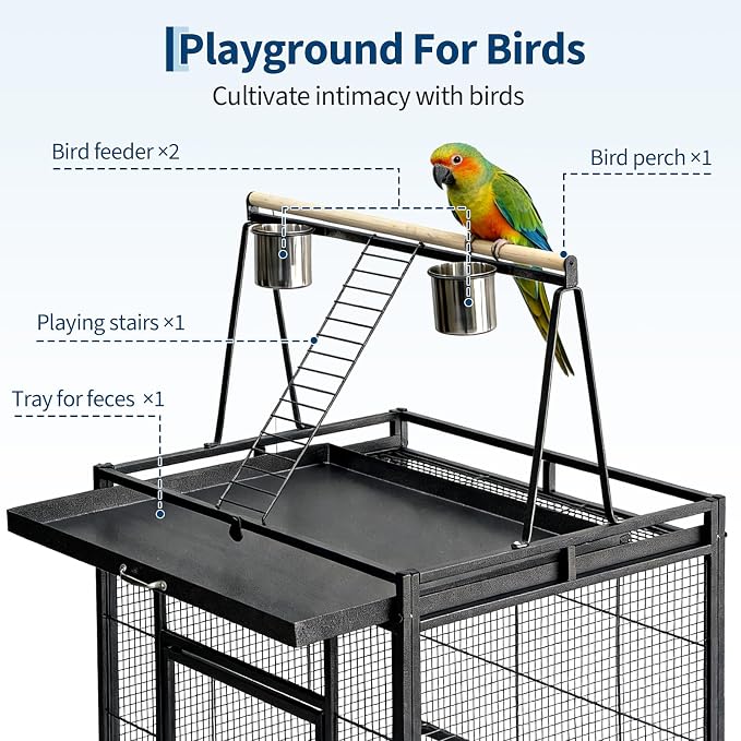 68“h Bird Cage, Large Bird Cage with Play Top, Rolling Stand for Parakeets, Cockatiels, Parrots, Budgies, Lovebirds, Small/Medium Birds - Image 4