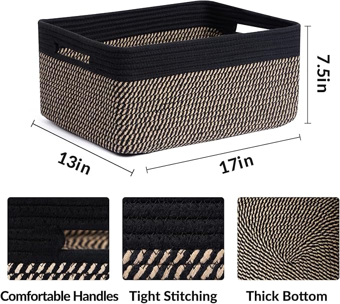 MiniArk Large Storage Baskets for Shelves, 17 x 13 x 7.5” Closet Organizers Bins for Clothes Blanket Towels, Baby Nursery, Toy Baskets Box, Woven Rope Baskets, 3 Packs Woven Brown - Image 2