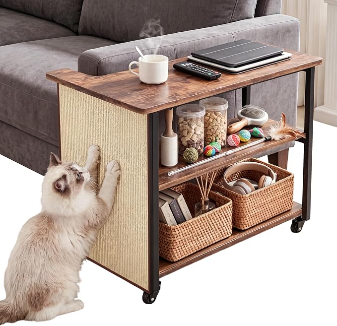 2-in-1 Cat Scratch Couch Side Table with Wheels,Couch Protector from Cat Claws,Sofa Narrow End Table with Natural Sisal Cat Scratch Panel for Living Room (Rustic Brown, Right) by Unknown
