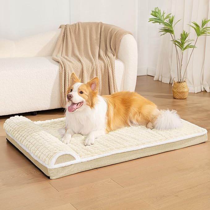 Orthopedic Large Dog Bed Pillow Pet Sofa Bed 42''X28'' Ivory | Egg-Crate Foam Pet Couch Large Sized Dog, Waterproof Removable Washable Cover,Furry Puppy Crate Mat With Nonskid Bottom - Image 2