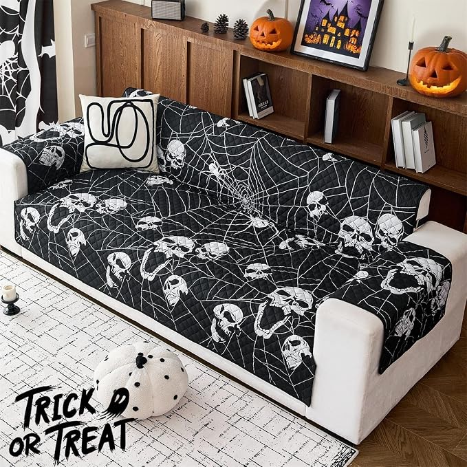 Cmfshape Halloween Sofa Slipcover-Black with Spider,Skull,Pet Friendly Couch Covers for 3 Cushion Sofa,Washable Sofa Protector for Holiday,Anti-Slip with Elastic Band - Image 2