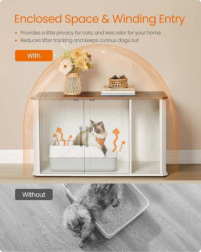 Feandrea Litter Box Enclosure, Modern Cat Litter Box Furniture Hidden, Front Entry, Double Doors, Handles, Cat House, Side End Table, 33.5 x 19 x 19.5 Inches, Honey Brown and Rustic White UPCL012K01 - Image 6