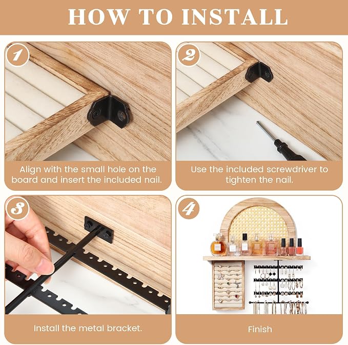 AceOrbit Hanging Jewelry Organizer Wall Mounted with Rustic Wood Rattan Shelf Wooden Ring Display Box Large Boho Jewelry Holder for Necklaces Bracelet Earrings Rings Storage - Image 4