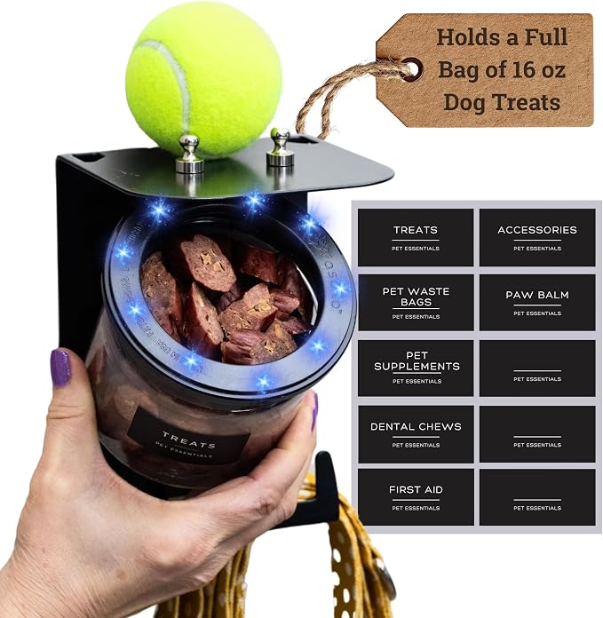 Dog Leash Holder for Wall with Shelf - Wall Mounted Dog Treat Holder & Station, 1 Airtight 16oz Treat Container, 6 Hooks, Patented Lidless Slide-to-Seal Jar, Solid Steel, Made in USA - Image 10