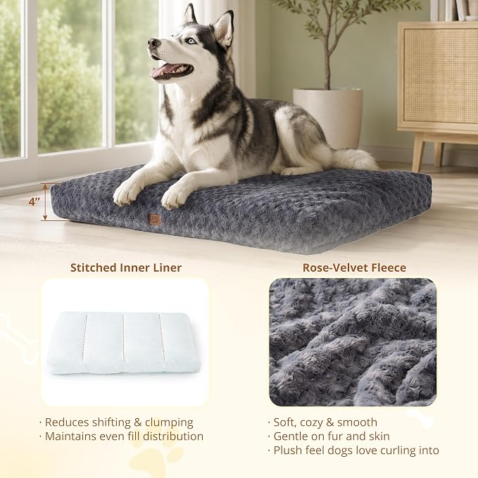 EGOHOME Dog Bed for Large Dogs, Shredded Memory Foam, Washable, Non-Slip | Balanced Support Foam, CertiPUR-US, Removable Washable Cover, Rose Velvet, Dog Crate Bed & Kennel Pad, 41 x 27 Inch, Gray - Image 2
