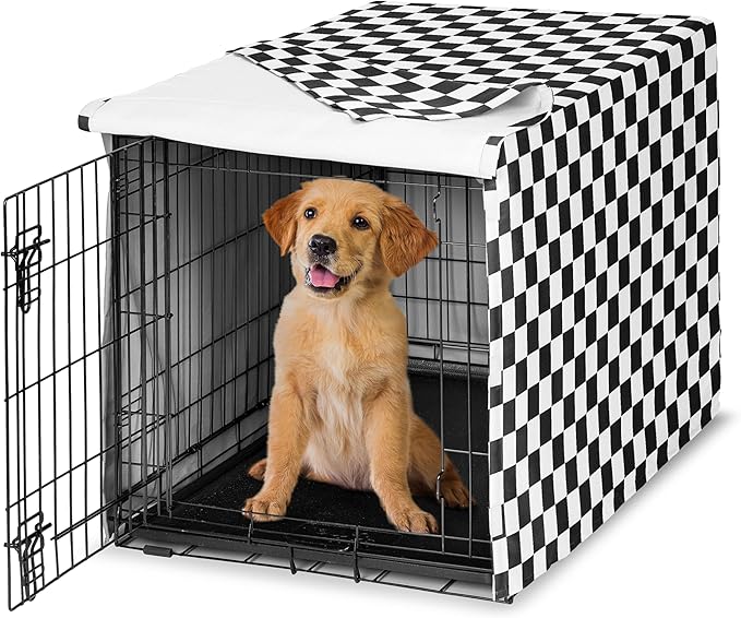 Sweet Jojo Designs 36in. Medium Dog Crate Cover (Black and White Gingham Checkered Plaid) Pet Cage, Kennel Covers (Vintage, Classic, Checkerboard, Geometric, Minimalist, Retro, Racing Flag, White) by SweetJojoDesigns