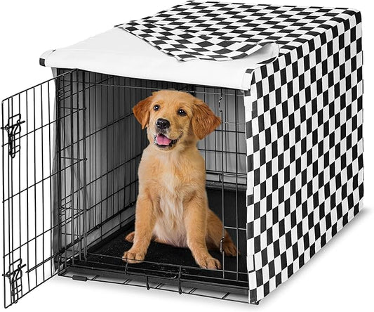 Sweet Jojo Designs 36in. Medium Dog Crate Cover (Black and White Gingham Checkered Plaid) Pet Cage, Kennel Covers (Vintage, Classic, Checkerboard, Geometric, Minimalist, Retro, Racing Flag, White) by SweetJojoDesigns