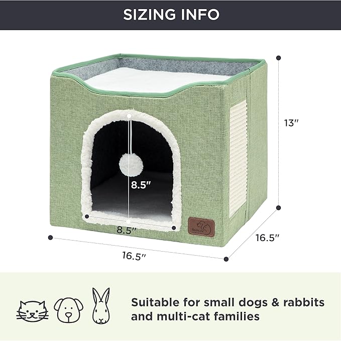 Bedsure Cat House Bed for Indoor Cats with Fluffy Ball and Scratch Pad | Green,16.5x16.5x13 in,Large Cat Cave for Multiple Pets,Foldable Cat Hideway Cube for Sleeping Kitten - Image 6