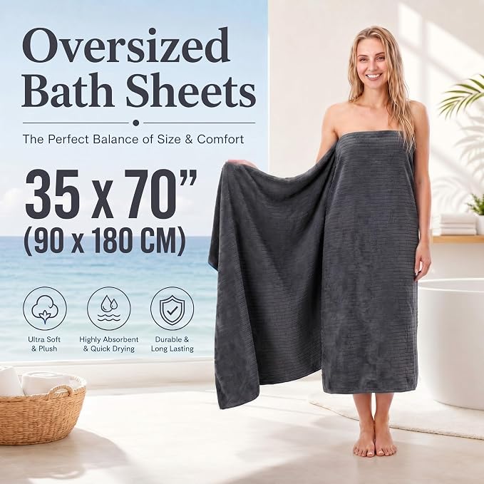 4 Pcs Extra Large Bath Towel Set 35"x70" Dark Gray Oversized Microfiber Bathroom Sheet Soft Coral Fleece Absorbent Quick Dry Towel with Hanging Loop for Adult Body Beach Hotel Home Spa - Image 3