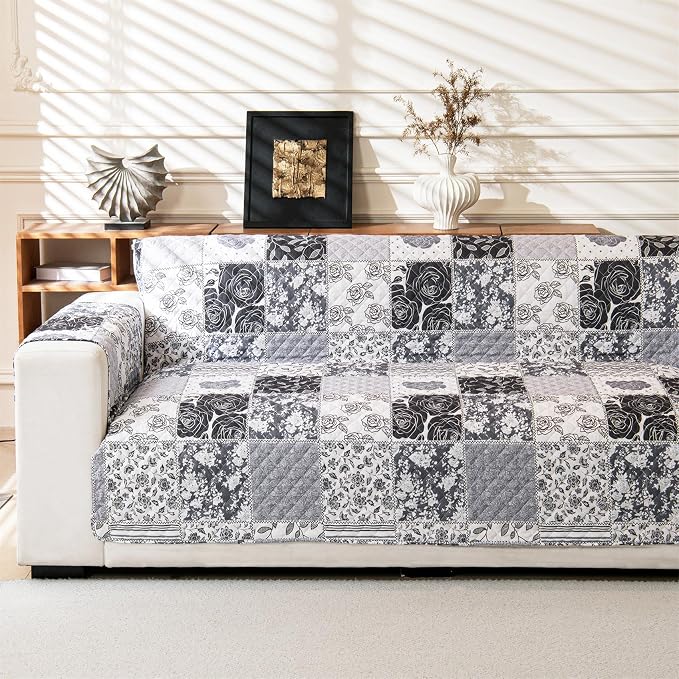 Cmfshape Skidproof Sofa Cover-Grey Rose Sofa Slipcover with Elastic Straps-Easy Fit Slip Cover-Patchwork Washable Furniture Protector for Pets and Kids(Sofa,Grey) by cmfshape-quiltset