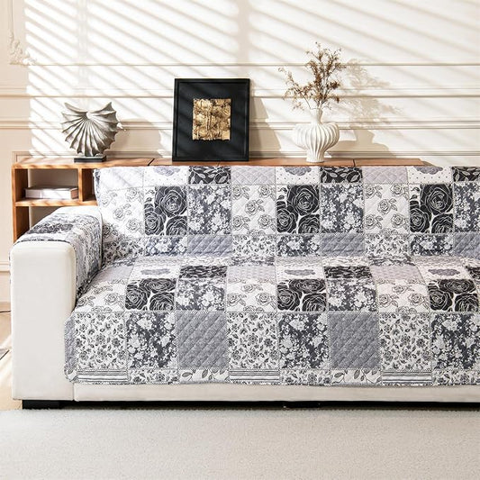 Cmfshape Skidproof Sofa Cover-Grey Rose Sofa Slipcover with Elastic Straps-Easy Fit Slip Cover-Patchwork Washable Furniture Protector for Pets and Kids(Sofa,Grey) by cmfshape-quiltset