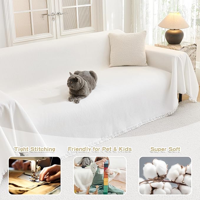 MYSKY HOME Sofa Covers for 2 Cushion Couch L Shaped Couch Cover Washable Couch Cover with Tassels Boho Couch Covers Non Slip Super Universal Soft Sofa Slipcover for Kids, Dogs, Pets, 71"x118", White - Image 2