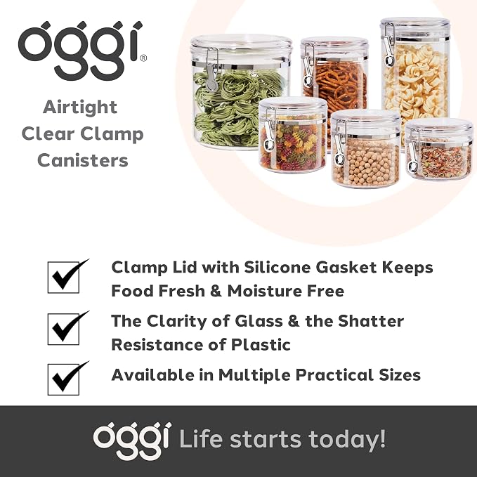 Oggi Large Clear Canister with Clamp Lid, 72 oz - Large Airtight Food Storage Container, for Kitchen & Pantry Storage of Bulk, Dry Foods, Pasta, Flour, Sugar, Coffee, Rice, Tea, Spices & Herbs - Image 7