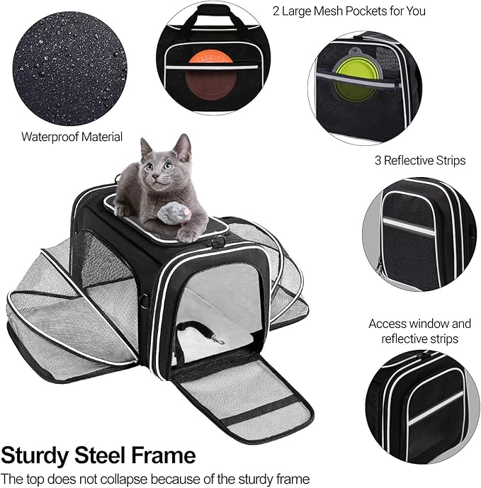 TSA Airline Approved Large Pet Travel Carrier,4 Sides Expandable with 2 Mesh Pockets,3 Entry, Soft Sided Collapsible Dog Carrier for 2 Cats,Kittens,Puppies,Dog, X-Large, Black & White
