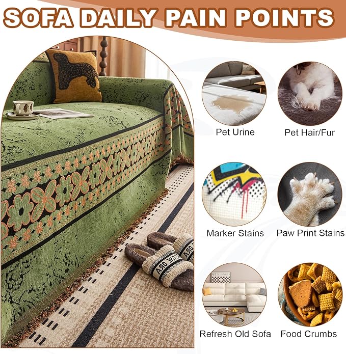 STACYPIK Vintage Floral Green Sofa Covers for Pets, Aesthetic Jacquard Couch Cover for 2 Cushion Couch Washable, Sectional Slipcover for Loveseat, L Shaped Couch Protector Blanket Living Room-71X118IN - Image 2