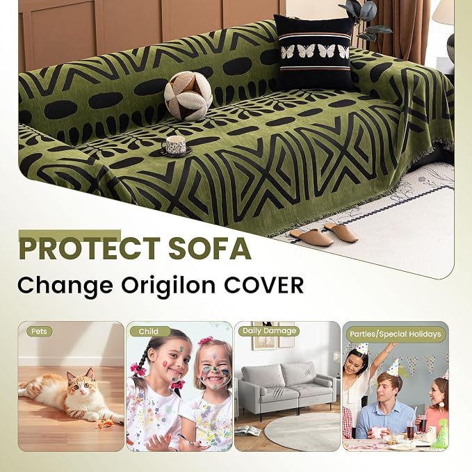 STACYPIK Black Geometric Couch Cover for Dogs Boho Dark Green Chenille Sectional Sofa Cover Non Slip Soft Tassles Couch Protector for 3 Cushion Couch Multi-Use Loveseat Throw Blanket for Pets-71X150IN - Image 3