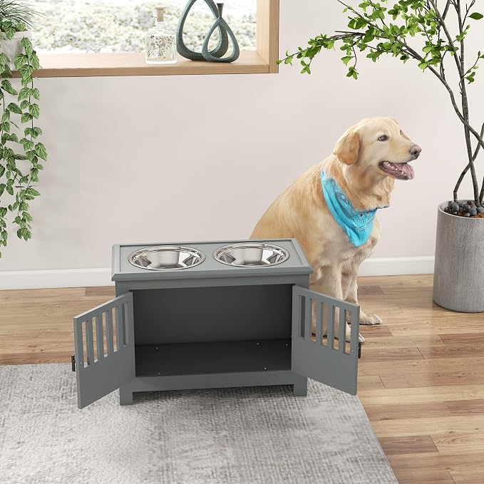 PawHut Large Elevated Dog Bowls with Storage Cabinet, 37L Gray | Raised Dog Bowl Stand Pet Food Bowl Dog Feeding Station - Image 8
