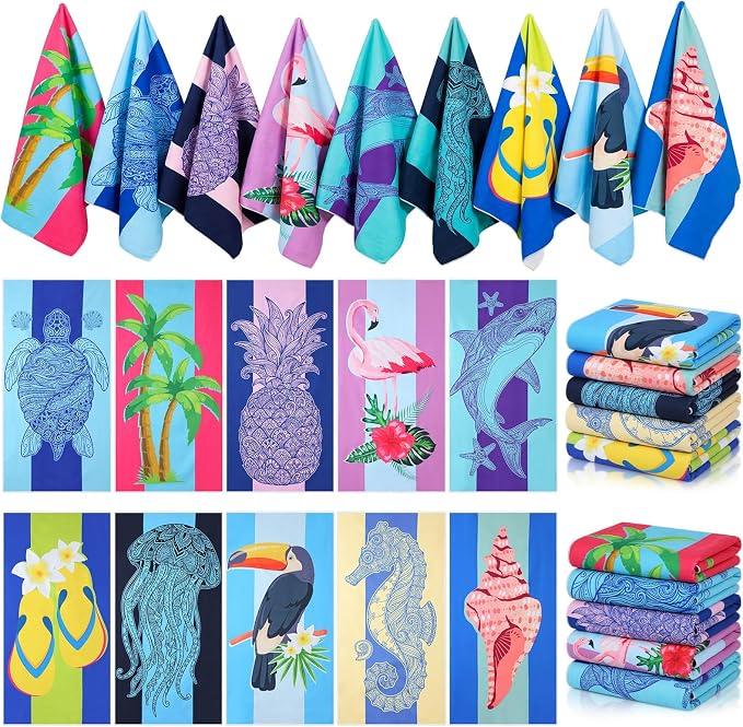 Buryeah 10 Pcs Beach Towels 30 x 60 Inch Quick Dry Absorbent Beach Blanket Seahorse Dolphin Turtle Crab Jellyfish Flamingo Pineapple Hawaii Towel for Kids Adult Sports Pool Picnic Camping Travel Swim by Buryeah