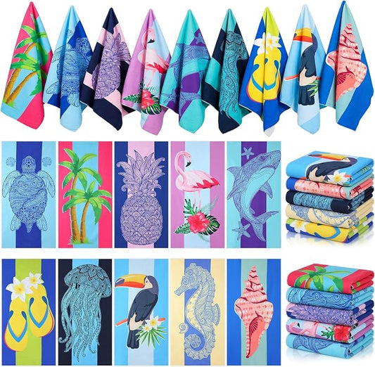 Buryeah 10 Pcs Beach Towels 30 x 60 Inch Quick Dry Absorbent Beach Blanket Seahorse Dolphin Turtle Crab Jellyfish Flamingo Pineapple Hawaii Towel for Kids Adult Sports Pool Picnic Camping Travel Swim by Buryeah