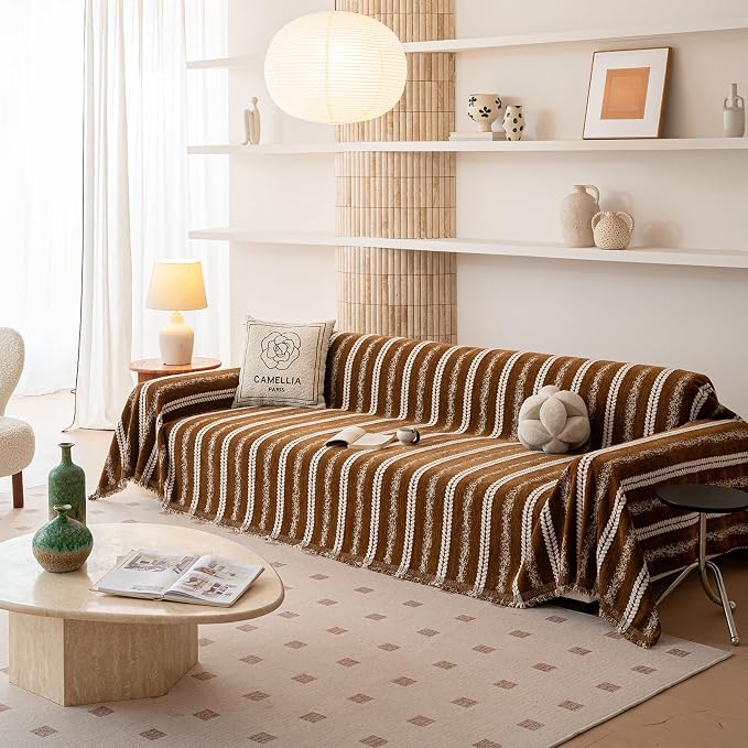 VClife Sofa Cover Bohemian Striped Pattern Couch Cover for 2 Cushion Sofa - Caramel Brown Creamy White Textured Sofa Slipcover Washable Furniture Protector for Couch Decorative Couch Cushion Cover - Image 5