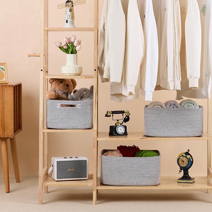 MiniArk Large Storage Baskets for Shelves, 17 x 13 x 7.5” Closet Organizers Bins for Clothes Blanket Towels, Baby Nursery, Toy Baskets Box, Woven Rope Baskets, 2 Packs Mixed Grey - Image 3