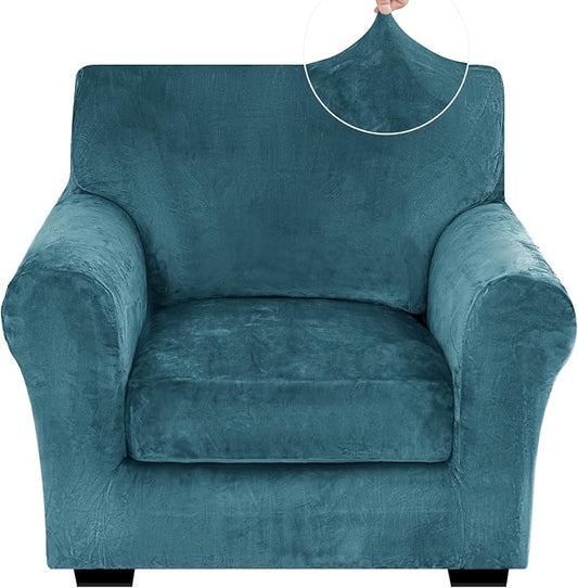 XINEAGE 2-Piece Velvet Armchair Sofa Cover,Couch Cover for Dog,Peacock Blue | 1 Cushion Chair,Stretch Non-slip Elastic, Pet-friendly, Washable, Fast Setup, Soft Plush Fabric, Furniture Protector. by XINEAGE