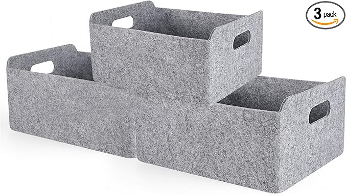 Welaxy Storage Baskets Collapsible Felt Storage bin Foldable Shelf Drawers Organizers Bins organizie Box with Handles for Kids Toys pet Toy Books Clothes Makeup Junk organise (Gray x 3) by Welaxy